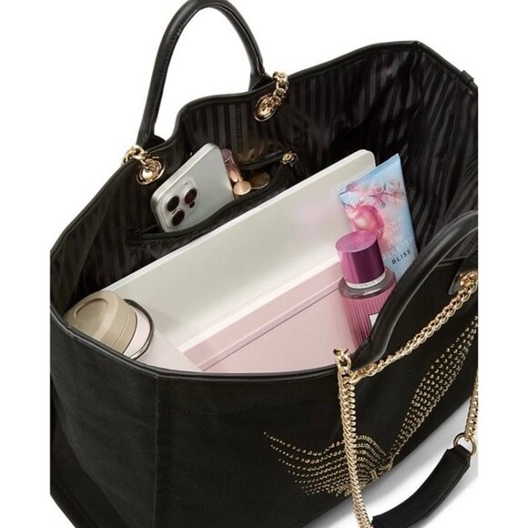 VS FASHION SHOW 2025 BACKSTAGE DOUBLE HANDLE TOTE BLACK/GOLD RHINESTONES LOGO - Picture 4 of 7